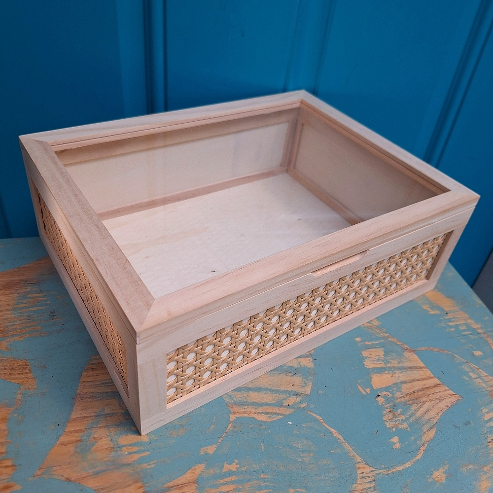 Wood and Glass Display Box or Wall Shelf Hinged Lid Wicker Trinkets Collectibles - Picture 15 of 15